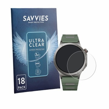 Front side of a product packaging with the brand logo Savvies. Next to it is the device OnePlus Watch 4 shown with the corresp