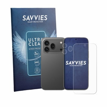 Face avant d’un emballage produit avec le logo de la marque Savvies. À côté, l’appareil Honor 600 Pro (Avant+Caméra) est repré