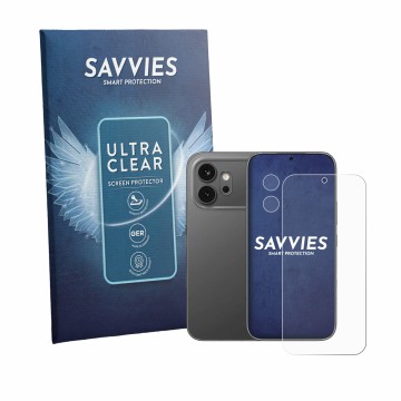 Front side of a product packaging with the brand logo Savvies. Next to it is the device Honor 600 (Front+Camera) shown with th