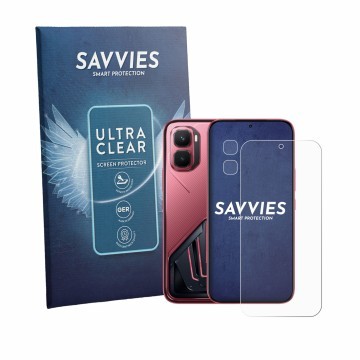 Face avant d’un emballage produit avec le logo de la marque Savvies. À côté, l’appareil Infinix GT 50 Pro (Avant+Caméra) est r