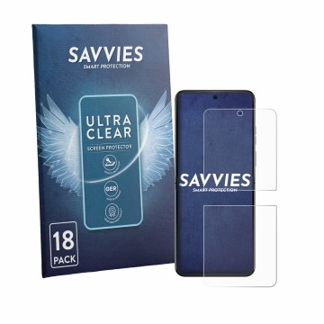 Vorderseite einer Produktverpackung mit dem Markenlogo Savvies. Daneben ist das Gerät Motorola Razr 70 mit dem zugehörigen Dis
