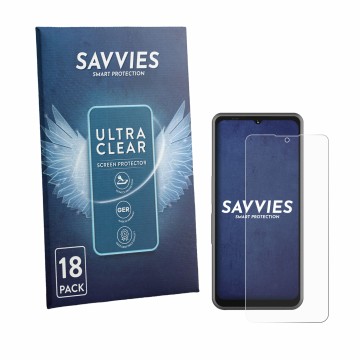 Parte frontal de un envase de producto con el logotipo de la marca Savvies. Al lado se muestra el dispositivo Sonim XP Pro E c