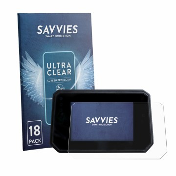 Parte frontal de un envase de producto con el logotipo de la marca Savvies. Al lado se muestra el dispositivo Yamaha Tracer 9 