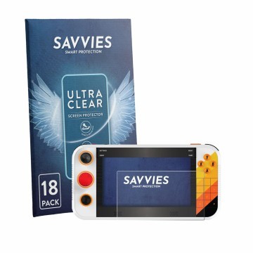 Face avant d’un emballage produit avec le logo de la marque Savvies. À côté, l’appareil My Arcade Atari Gamestation Go Portabl