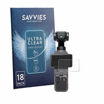 Parte frontal de un envase de producto con el logotipo de la marca Savvies. Al lado se muestra el dispositivo DJI Osmo Pocket 
