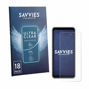 Face avant d’un emballage produit avec le logo de la marque Savvies. À côté, l’appareil ingenico Axium NX8 est représenté avec