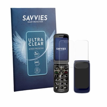 Vorderseite einer Produktverpackung mit dem Markenlogo Savvies. Daneben ist das Gerät Guwet G739 (Display+Rückseite) mit dem z