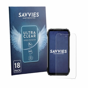 Parte frontale di una confezione del prodotto con il logo del marchio Savvies. Accanto è raffigurato il dispositivo Blackview 