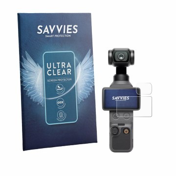 Parte frontal de un envase de producto con el logotipo de la marca Savvies. Al lado se muestra el dispositivo DJI Osmo Pocket 