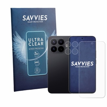 Front side of a product packaging with the brand logo Savvies. Next to it is the device Xiaomi 17T Pro (Front+Camera) shown wi