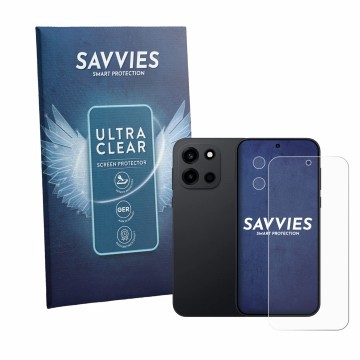 Parte frontal de un envase de producto con el logotipo de la marca Savvies. Al lado se muestra el dispositivo OnePlus Nord 6 (