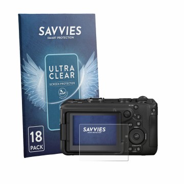 Face avant d’un emballage produit avec le logo de la marque Savvies. À côté, l’appareil Canon EOS R6 V est représenté avec la 