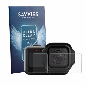 Front side of a product packaging with the brand logo Savvies. Next to it is the device GoPro Mission 1 Pro shown with the cor