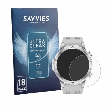 Face avant d’un emballage produit avec le logo de la marque Savvies. À côté, l’appareil FitVigor Smartwatch 1.53