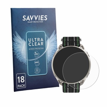 Face avant d’un emballage produit avec le logo de la marque Savvies. À côté, l’appareil Amazfit Cheetah 2 Ultra est représenté