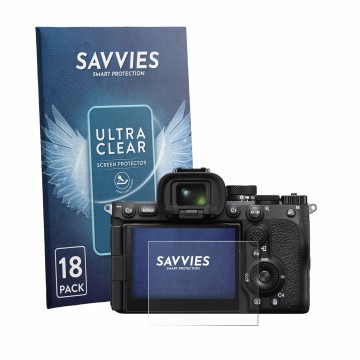 Face avant d’un emballage produit avec le logo de la marque Savvies. À côté, l’appareil Sony Alpha 7R VI est représenté avec l