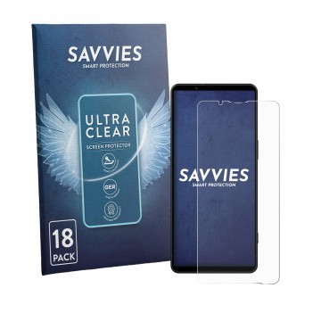 Parte frontal de un envase de producto con el logotipo de la marca Savvies. Al lado se muestra el dispositivo Sony Xperia 1 VI