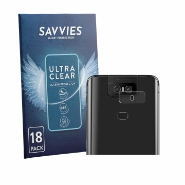 Parte frontal de un envase de producto con el logotipo de la marca Savvies. Al lado se muestra el dispositivo ASUS ZenFone 6 Z