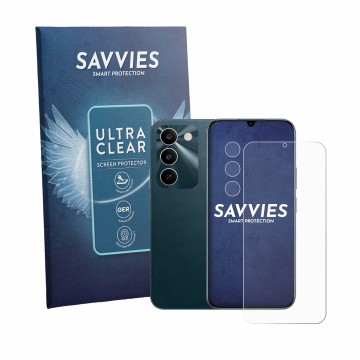 Face avant d’un emballage produit avec le logo de la marque Savvies. À côté, l’appareil realme C100 5G (Avant+Caméra) est repr