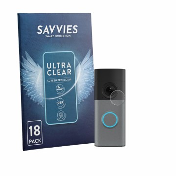 Vorderseite einer Produktverpackung mit dem Markenlogo Savvies. Daneben ist das Gerät Ring Wired Video Doorbell mit dem zugehö