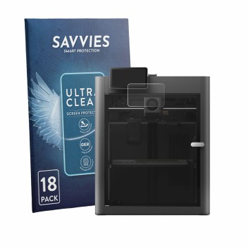 Parte frontal de un envase de producto con el logotipo de la marca Savvies. Al lado se muestra el dispositivo Bambu Lab X2D co