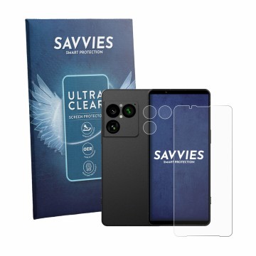 Parte frontale di una confezione del prodotto con il logo del marchio Savvies. Accanto è raffigurato il dispositivo Sony Xperi