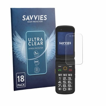 Parte frontal de un envase de producto con el logotipo de la marca Savvies. Al lado se muestra el dispositivo AGM M8 FLIP con 