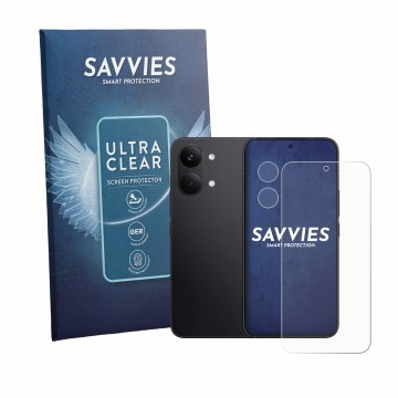 Front side of a product packaging with the brand logo Savvies. Next to it is the device Xiaomi Poco X8 Pro Max (Front+Camera) 