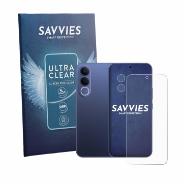 Parte frontal de un envase de producto con el logotipo de la marca Savvies. Al lado se muestra el dispositivo Vivo V70 FE (Fro