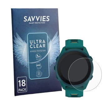 Front side of a product packaging with the brand logo Savvies. Next to it is the device Garmin Forerunner 170 Music shown with