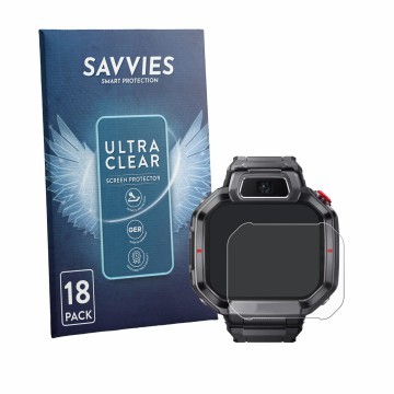 Vorderseite einer Produktverpackung mit dem Markenlogo Savvies. Daneben ist das Gerät Huawei Watch Kids X1 Pro mit dem zugehör