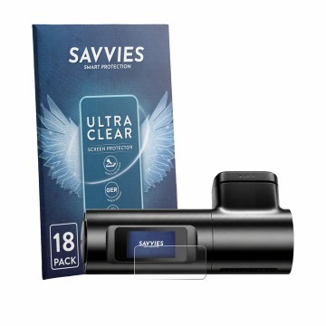 Parte frontal de un envase de producto con el logotipo de la marca Savvies. Al lado se muestra el dispositivo Azdome M330 Max 