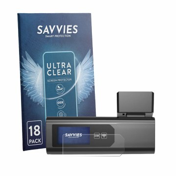 Parte frontal de un envase de producto con el logotipo de la marca Savvies. Al lado se muestra el dispositivo Wolfbox i03 con 