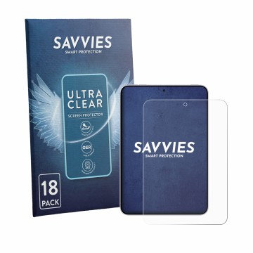 Front side of a product packaging with the brand logo Savvies. Next to it is the device Oppo Pad Mini shown with the correspon