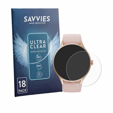 Face avant d’un emballage produit avec le logo de la marque Savvies. À côté, l’appareil Woneligo Smartwatch 1.57