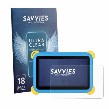 Front side of a product packaging with the brand logo Savvies. Next to it is the device Laptok Kt1008 7