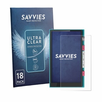Front side of a product packaging with the brand logo Savvies. Next to it is the device Hiby Digital M500 shown with the corre