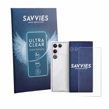 Face avant d’un emballage produit avec le logo de la marque Savvies. À côté, l’appareil ZTE Nubia Red Magic 11 Air (Avant+Camé
