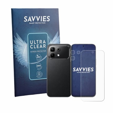 Front side of a product packaging with the brand logo Savvies. Next to it is the device Infinix Note 60 (Front+Camera) shown w