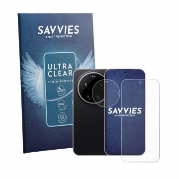 Parte frontal de un envase de producto con el logotipo de la marca Savvies. Al lado se muestra el dispositivo Xiaomi Leica Lei