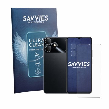 Face avant d’un emballage produit avec le logo de la marque Savvies. À côté, l’appareil realme Note 80 (Avant+Caméra) est repr