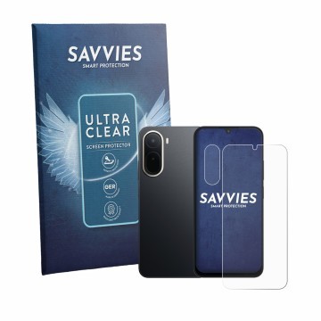 Front side of a product packaging with the brand logo Savvies. Next to it is the device Xiaomi Redmi A7 Pro (Front+Camera) sho