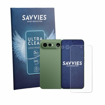 Face avant d’un emballage produit avec le logo de la marque Savvies. À côté, l’appareil Vivo X300 FE (Avant+Caméra) est représ