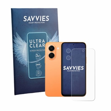 Parte frontale di una confezione del prodotto con il logo del marchio Savvies. Accanto è raffigurato il dispositivo Honor X7e 