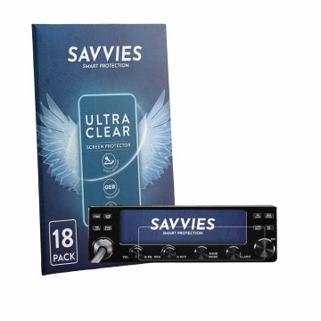 Front side of a product packaging with the brand logo Savvies. Next to it is the device Midland 8001 Pro shown with the corres