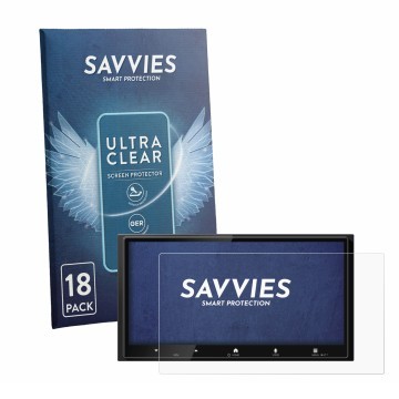 Parte frontal de un envase de producto con el logotipo de la marca Savvies. Al lado se muestra el dispositivo Kenwood DMX7525D