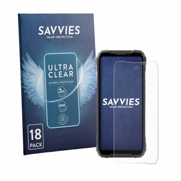Parte frontal de un envase de producto con el logotipo de la marca Savvies. Al lado se muestra el dispositivo Blackview Rock 5
