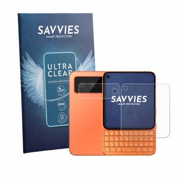 Parte frontale di una confezione del prodotto con il logo del marchio Savvies. Accanto è raffigurato il dispositivo Unihertz T