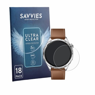 Front side of a product packaging with the brand logo Savvies. Next to it is the device Honor Watch 6 shown with the correspon