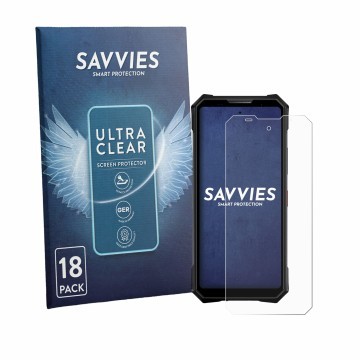 Face avant d’un emballage produit avec le logo de la marque Savvies. À côté, l’appareil Doogee V50 Pro est représenté avec la 